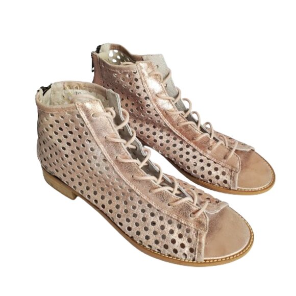 Musse & Cloud Aiden Perforate Metallic Pink Lace Up Open Toe Flat Sandals. - Picture 5 of 10